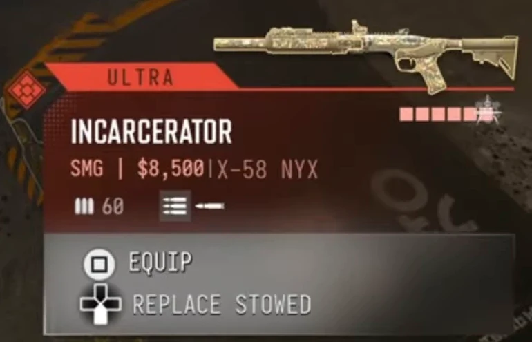 Incarcerator named weapon shown in a published game interface.