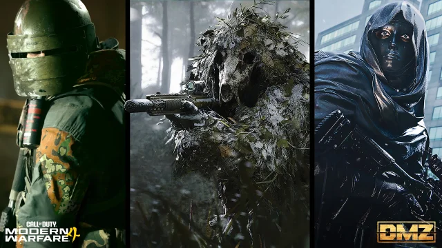 Three Lieutenant portraits: a soldier in a green armored helmet, a ghillie-clad sniper, and a hooded masked figure.