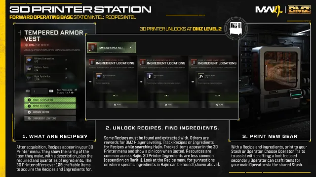 Official board shows a Tempered Armor Vest recipe screen and ingredient-location panels with named Military Composites, Nylon Laminate and Reactive Metals.