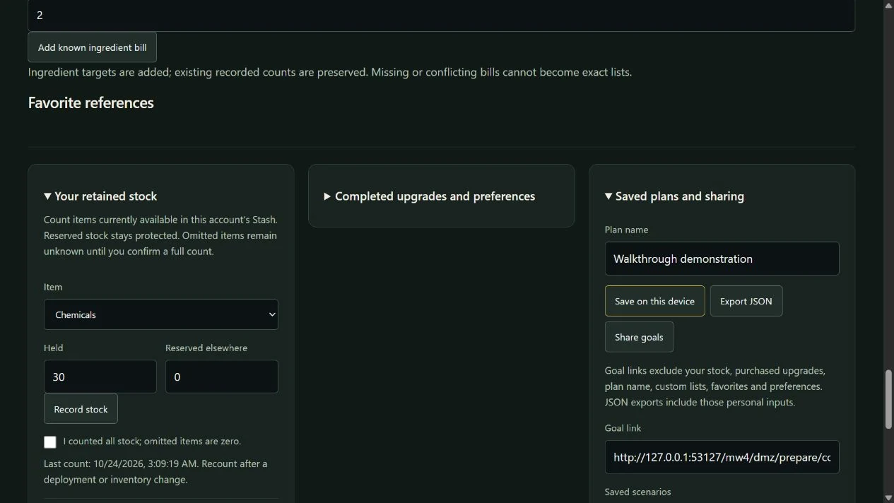 Saved plans and sharing controls beside retained stock, with explicit public goal-link exclusions.