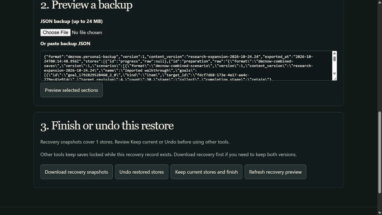 Recovery panel after a one-store restore, with Download recovery snapshots, Undo restored stores and Keep current stores and finish buttons.